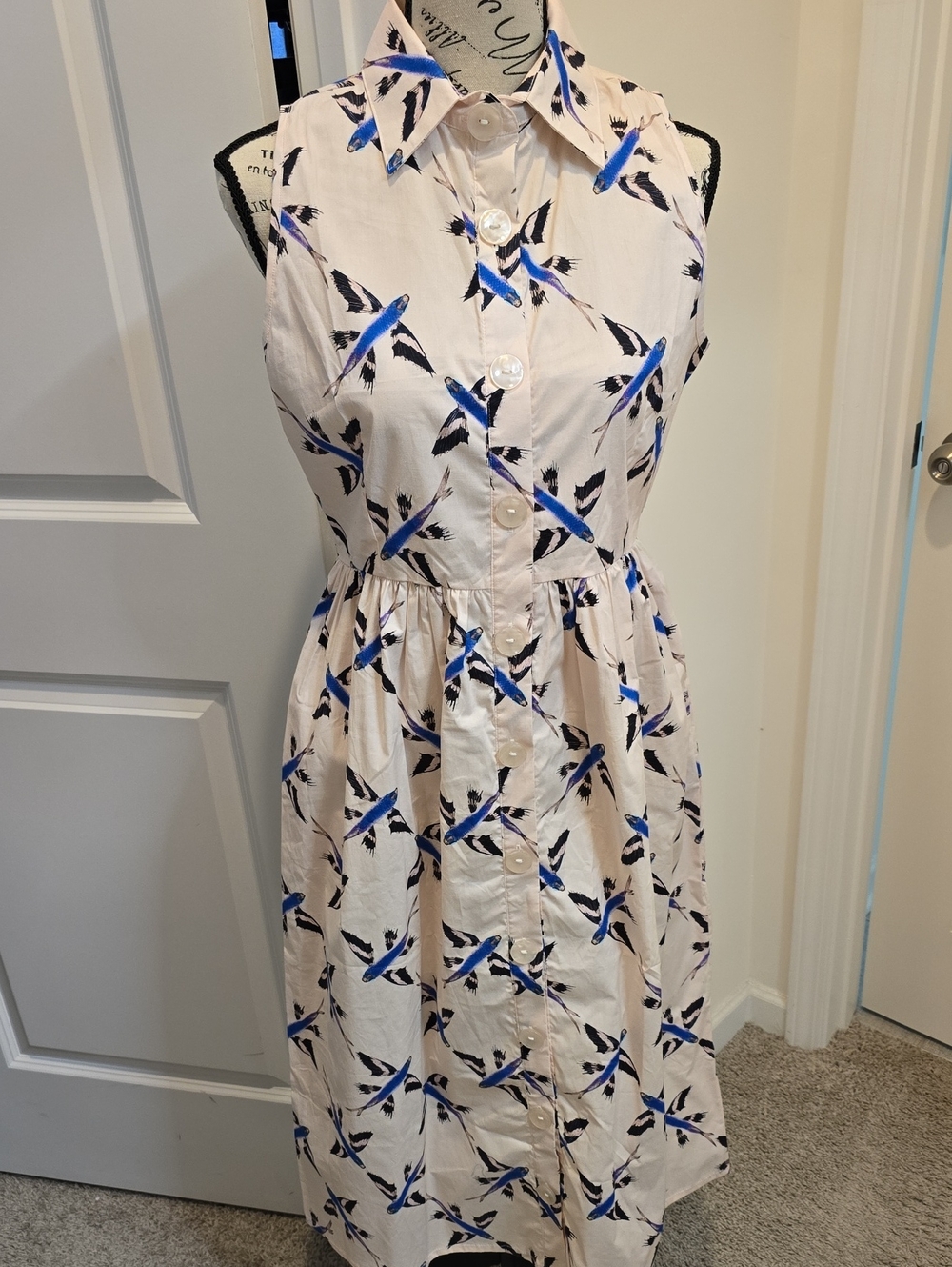 The Lulo Project- Sleeveless White Dress with Blue Bird Print